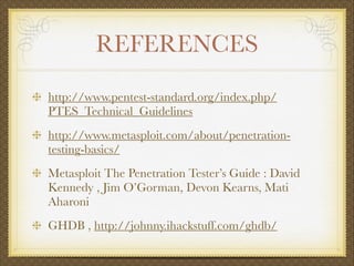 REFERENCES
http://www.pentest-standard.org/index.php/
PTES_Technical_Guidelines
http://www.metasploit.com/about/penetration-
testing-basics/
Metasploit The Penetration Tester’s Guide : David
Kennedy , Jim O’Gorman, Devon Kearns, Mati
Aharoni
GHDB , http://johnny.ihackstuff.com/ghdb/
 