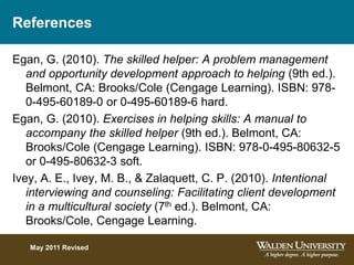 References
Egan, G. (2010). The skilled helper: A problem management
and opportunity development approach to helping (9th ed.).
Belmont, CA: Brooks/Cole (Cengage Learning). ISBN: 978-
0-495-60189-0 or 0-495-60189-6 hard.
Egan, G. (2010). Exercises in helping skills: A manual to
accompany the skilled helper (9th ed.). Belmont, CA:
Brooks/Cole (Cengage Learning). ISBN: 978-0-495-80632-5
or 0-495-80632-3 soft.
Ivey, A. E., Ivey, M. B., & Zalaquett, C. P. (2010). Intentional
interviewing and counseling: Facilitating client development
in a multicultural society (7th ed.). Belmont, CA:
Brooks/Cole, Cengage Learning.
May 2011 Revised
 