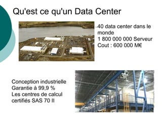 Qu'est ce qu'un Data Center
                          40 data center dans le
                          monde
                          1 800 000 000 Serveur
                          Cout : 600 000 M€




Conception industrielle
Garantie à 99,9 %
Les centres de calcul
certifiés SAS 70 II
 