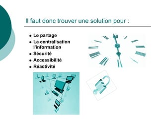 Il faut donc trouver une solution pour :

   Le partage
   La centralisation
   l'information
   Sécurité
   Accessibilité
   Réactivité
 