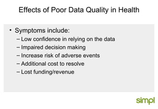 Effects of Poor Data Quality in Health Symptoms include: Low confidence in relying on the data Impaired decision making Increase risk of adverse events Additional cost to resolve Lost funding/revenue 