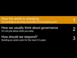 4
How the world is changing
Old paradigms are being stretched to the breaking point
How we usually think about governance
It‘s not just about what you keep
How should we respond?
Building an action plan for the next 2-3 years
1
2
3
 