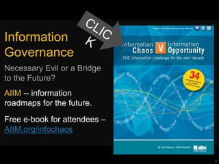 46
Information
Governance
Necessary Evil or a Bridge
to the Future?
AIIM -- information
roadmaps for the future.
Free e-book –
AIIM.org/infochaos
 
