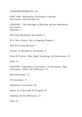 ACKNOWLEDGMENTS xvii
PART ONE—Information Governance Concepts,
Defi nitions, and Principles 1p
CHAPTER 1 The Onslaught of Big Data and the Information
Governance
Imperative 3
Defi ning Information Governance 5
IG Is Not a Project, But an Ongoing Program 7
Why IG Is Good Business 7
Failures in Information Governance 8
Form IG Policies, Then Apply Technology for Enforcement 10
Notes 12
CHAPTER 2 Information Governance, IT Governance, Data
Governance: What’s the Difference? 15
Data Governance 15
IT Governance 17
Information Governance 20
Impact of a Successful IG Program 20
Summing Up the Differences 21
Notes 22
 
