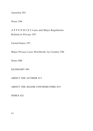 Australia 391
Notes 394
A P P E N D I X C Laws and Major Regulations
Related to Privacy 397
United States 397
Major Privacy Laws Worldwide, by Country 398
Notes 400
GLOSSARY 401
ABOUT THE AUTHOR 417
ABOUT THE MAJOR CONTRIBUTORS 419
INDEX 421
xv
 