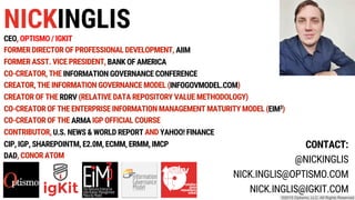 CEO, OPTISMO / IGKIT
AIIM
BANK OF AMERICA
INFORMATION GOVERNANCE CONFERENCE
INFOGOVMODEL.COM
RDRV
EIM3
ARMA
U.S. NEWS & WORLD REPORT YAHOO! FINANCE
CIP, IGP, SHAREPOINTM, E2.0M, ECMM, ERMM, IMCP
DAD
CONTACT:
@NICKINGLIS
NICK.INGLIS@OPTISMO.COM
NICK.INGLIS@IGKIT.COM
NICKINGLIS
 