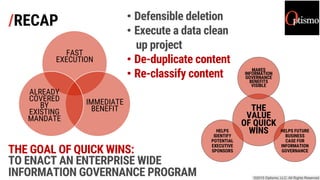 /RECAP
FAST
EXECUTION
IMMEDIATE
BENEFIT
ALREADY
COVERED
BY
EXISTING
MANDATE
•  De-duplicate content
•  Re-classify content
THE
VALUE
OF QUICK
WINS
MAKES
INFORMATION
GOVERNANCE
BENEFITS
VISIBLE
HELPS FUTURE
BUSINESS
CASE FOR
INFORMATION
GOVERNANCE
HELPS
IDENTIFY
POTENTIAL
EXECUTIVE
SPONSORS
THE GOAL OF QUICK WINS:
 