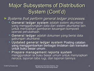 Major Subsystems of Distribution
System (Cont’d)
► Systems that perform general ledger processes.

 General ledger system adalah sistem akuntansi
yang menggabungkan data dari sistem akuntansi lain
untuk menyajikan gambaran keuangan komposit
operasi perusahaan.
 General ledger adalah dokumen yang berisi data
gabungan akuntansi .
 Updated general ledger system Posting catatan
yang menggambarkan berbagai tindakan dan transaksi
untuk buku besar umum .
 Prepare management reports system
menggunakan isi buku besar umum untuk menyiapkan
neraca, laporan laba rugi, dan laporan lainnya.

© 2007 by Prentice Hall

Management Information Systems, 10/e
Raymond McLeod and George Schell

12

 