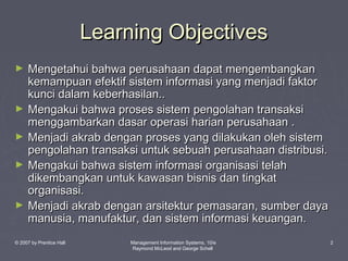 Learning Objectives
►

►
►
►

►

Mengetahui bahwa perusahaan dapat mengembangkan
kemampuan efektif sistem informasi yang menjadi faktor
kunci dalam keberhasilan..
Mengakui bahwa proses sistem pengolahan transaksi
menggambarkan dasar operasi harian perusahaan .
Menjadi akrab dengan proses yang dilakukan oleh sistem
pengolahan transaksi untuk sebuah perusahaan distribusi.
Mengakui bahwa sistem informasi organisasi telah
dikembangkan untuk kawasan bisnis dan tingkat
organisasi.
Menjadi akrab dengan arsitektur pemasaran, sumber daya
manusia, manufaktur, dan sistem informasi keuangan.

© 2007 by Prentice Hall

Management Information Systems, 10/e
Raymond McLeod and George Schell

2

 