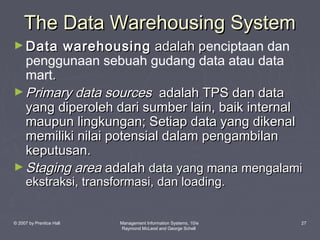 The Data Warehousing System
► Data

warehousing adalah penciptaan dan
p
penggunaan sebuah gudang data atau data
mart.
► Primary data sources adalah TPS dan data
yang diperoleh dari sumber lain, baik internal
maupun lingkungan; Setiap data yang dikenal
memiliki nilai potensial dalam pengambilan
keputusan.
► Staging area adalah data yang mana mengalami
ekstraksi, transformasi, dan loading.

© 2007 by Prentice Hall

Management Information Systems, 10/e
Raymond McLeod and George Schell

27

 