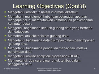 Learning Objectives (Cont’d)

►
►

►
►
►
►
►
►

Mengetahui arsitektur sistem informasi eksekutif.
Memahami manajemen hubungan pelanggan apa dan
mengapa hal ini membutuhkan kemampuan penyimpanan
komputer besar.
Mengenali bagaimana sebuah gudang data yang berbeda
dari database.
Memahami arsitektur sistem gudang data.
Mengetahui bagaimana data disimpan dalam penyimpanan
gudang data.
Mengetahui bagaimana pengguna menavigasi melalui
penyimpan data.
mengetahui on-line analytical processing (OLAP).
Menngetahui dua cara dasar untuk terlibat dalam
penggalian data.

© 2007 by Prentice Hall

Management Information Systems, 10/e
Raymond McLeod and George Schell

3

 