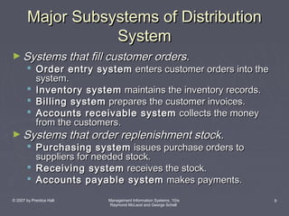 Major Subsystems of Distribution
System
► Systems that fill customer orders.

 Order entry system enters customer orders into the
system.
 Inventory system maintains the inventory records.
 Billing system prepares the customer invoices.
 Accounts receivable system collects the money
from the customers.

► Systems that order replenishment stock.

 Purchasing system issues purchase orders to
suppliers for needed stock.
 Receiving system receives the stock.
 Accounts payable system makes payments.

© 2007 by Prentice Hall

Management Information Systems, 10/e
Raymond McLeod and George Schell

9

 