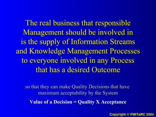 The real business that responsible Management  should be  involved in is the supply of Information Streams and Knowledge Management Processes to everyone involved in any Process that has a desired Outcome so that they can make Quality Decisions that have  maximum acceptability by the System Value of a Decision = Quality X Acceptance 