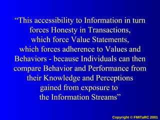 “ This accessibility to Information in turn forces Honesty in Transactions, which force Value Statements, which forces adherence to Values and Behaviors - because Individuals can then compare Behavior and Performance from their Knowledge and Perceptions gained from exposure to  the Information Streams” 