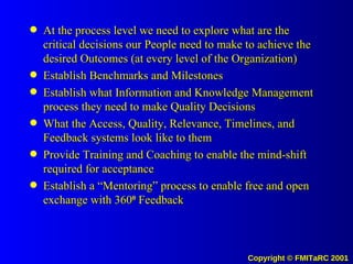 At the process level we need to explore what are the critical decisions our People need to make to achieve the desired Outcomes (at every level of the Organization) Establish Benchmarks and Milestones Establish what Information and Knowledge Management process they need to make Quality Decisions What the Access, Quality, Relevance, Timelines, and Feedback systems look like to them Provide Training and Coaching to enable the mind-shift required for acceptance Establish a “Mentoring” process to enable free and open exchange with 360 0  Feedback 