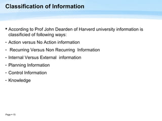 Classification of Information


 According to Prof John Dearden of Harverd university information is
  classificied of following ways:
- Action versus No Action information
- Recurring Versus Non Recurring Information
- Internal Versus External information
- Planning Information
- Control Information
- Knowledge




Page  15
 