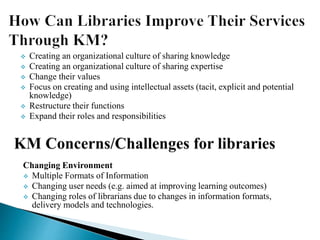  Creating an organizational culture of sharing knowledge
 Creating an organizational culture of sharing expertise
 Change their values
 Focus on creating and using intellectual assets (tacit, explicit and potential
knowledge)
 Restructure their functions
 Expand their roles and responsibilities
Changing Environment
 Multiple Formats of Information
 Changing user needs (e.g. aimed at improving learning outcomes)
 Changing roles of librarians due to changes in information formats,
delivery models and technologies.
 