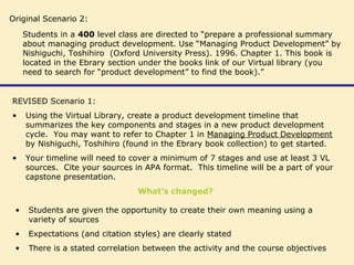 Original Scenario 2:
Students in a 400 level class are directed to “prepare a professional summary
about managing product development. Use “Managing Product Development” by
Nishiguchi, Toshihiro (Oxford University Press). 1996. Chapter 1. This book is
located in the Ebrary section under the books link of our Virtual library (you
need to search for “product development” to find the book).”
REVISED Scenario 1:
• Using the Virtual Library, create a product development timeline that
summarizes the key components and stages in a new product development
cycle. You may want to refer to Chapter 1 in Managing Product Development
by Nishiguchi, Toshihiro (found in the Ebrary book collection) to get started.
• Your timeline will need to cover a minimum of 7 stages and use at least 3 VL
sources. Cite your sources in APA format. This timeline will be a part of your
capstone presentation.
What’s changed?
• Students are given the opportunity to create their own meaning using a
variety of sources
• Expectations (and citation styles) are clearly stated
• There is a stated correlation between the activity and the course objectives
 