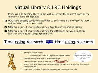Time doing research time using research
Virtual Library & LRC Holdings
If you plan on sending them to the Virtual Library for research each of the
following should be in place:
1) YOU have already conducted searches to determine if the content is there
and the search terms you used.
2) YOU are aware if your students know how to use the Virtual Library
3) YOU are aware if your students know the difference between Boolean
searches and Natural Language searches
• Effective search terms
Searching for ‘War’ vs. ‘Operation Desert Storm’
• Understanding where (and where not) to go
Online - EBSCOHost vs. Google vs. 360 Search
• Identifying what types of information would be best (book, journal, multimedia,
newspaper, etc.)
• Uses peer reviewed & credible sources over random Google hits
If you would like me to
explain my views on the
VL 360 Search on the
just ask!

 