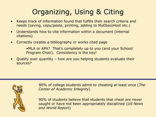 80% of college students admit to cheating at least once (The
Center of Academic Integrity)
90% of students believe that students that cheat are never
caught or have not been appropriately disciplined (US News
and World Report)
Organizing, Using & Citing
• Keeps track of information found that fulfills their search criteria and
needs (saving, copy/paste, printing, adding to MyEbscoHost etc.)
• Understands how to cite information within a document (internal
citations)
• Correctly creates a bibliography or works cited page
•MLA or APA? That’s completely up to you (and your School/
Program Chair). Consistency is the key!
• Quality over quantity – how are you helping students evaluate their
sources?
 