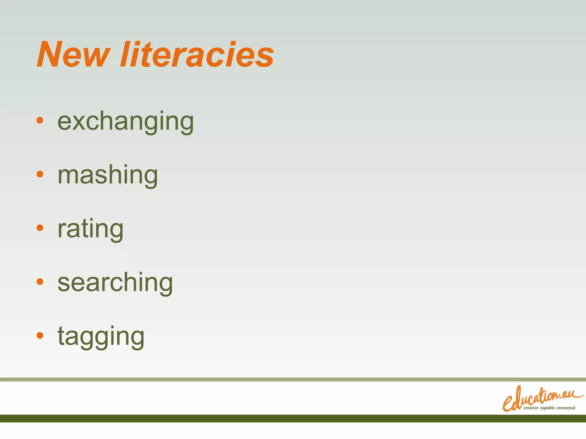 New literacies exchanging mashing rating searching tagging 