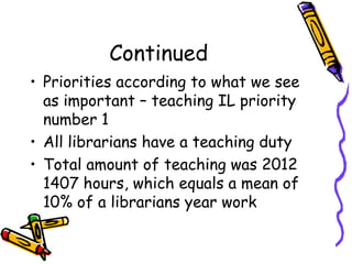 Continued
• Priorities according to what we see
as important – teaching IL priority
number 1
• All librarians have a teaching duty
• Total amount of teaching was 2012
1407 hours, which equals a mean of
10% of a librarians year work

 