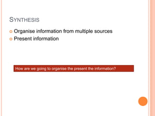 SYNTHESIS
 Organise information from multiple sources
 Present information




    How are we going to organise the present the information?
 