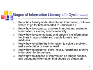 Stages of Information Literacy Life Cycle           (Unesco)


6.    Know how to fully understand found information, or know
      where to go for help if needed to understand it.
7.    Know how to organize, analyze, interpret and evaluate
      information, including source reliability.
8.    Know how to communicate and present the information
      to others in appropriate and usable formats and
      mediums.
9.    Know how to utilize the information to solve a problem,
      make a decision or meet a need.
10.   Know how to preserve, store, reuse, record and archive
      information for future use.
11.   Know how to dispose of information no longer needed,
      and safeguard information that should be protected.

                                                               7
 