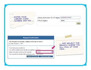 Enter your
library card
number and PIN ...




                     ... and select the
                     branch where you
                     will pick up your
                     item.
 