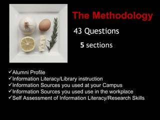The Methodology <ul><li>43 Questions </li></ul><ul><li>Alumni Profile </li></ul><ul><li>Information Literacy/Library instr...