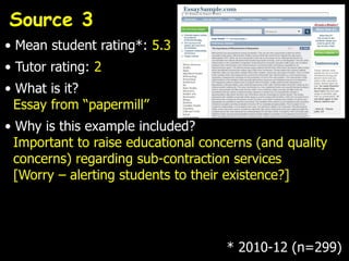 Source 3
• Mean student rating*: 5.3
• Tutor rating: 2
• What is it?
  Essay from “papermill”
• Why is this example included?
  Important to raise educational concerns (and quality
  concerns) regarding sub-contraction services
  [Worry – alerting students to their existence?]




                                     * 2010-12 (n=299)
 
