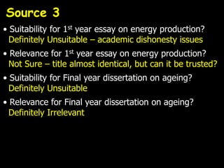Source 3
• Suitability for 1st year essay on energy production?
  Definitely Unsuitable – academic dishonesty issues
• Relevance for 1st year essay on energy production?
  Not Sure – title almost identical, but can it be trusted?
• Suitability for Final year dissertation on ageing?
  Definitely Unsuitable
• Relevance for Final year dissertation on ageing?
  Definitely Irrelevant
 