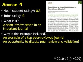 Source 4
• Mean student rating*: 8.3
• Tutor rating: 9
• What is it?
  A short review article in an
  important journal
• Why is this example included?
  An example of a top peer-reviewed journal
  An opportunity to discuss peer review and validation?




                                     * 2010-12 (n=299)
 