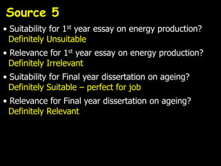 Source 5
• Suitability for 1st year essay on energy production?
  Definitely Unsuitable
• Relevance for 1st year essay on energy production?
  Definitely Irrelevant
• Suitability for Final year dissertation on ageing?
  Definitely Suitable – perfect for job
• Relevance for Final year dissertation on ageing?
  Definitely Relevant
 