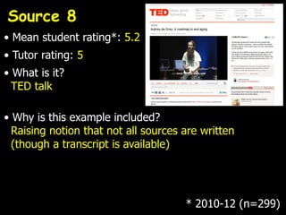 Source 8
• Mean student rating*: 5.2
• Tutor rating: 5
• What is it?
  TED talk

• Why is this example included?
  Raising notion that not all sources are written
  (though a transcript is available)




                                      * 2010-12 (n=299)
 