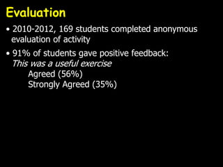 Evaluation
• 2010-2012, 169 students completed anonymous
  evaluation of activity
• 91% of students gave positive feedback:
 This was a useful exercise
     Agreed (56%)
     Strongly Agreed (35%)
 