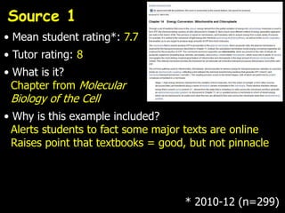 Source 1
• Mean student rating*: 7.7
• Tutor rating: 8
• What is it?
  Chapter from Molecular
 Biology of the Cell
• Why is this example included?
  Alerts students to fact some major texts are online
  Raises point that textbooks = good, but not pinnacle




                                    * 2010-12 (n=299)
 