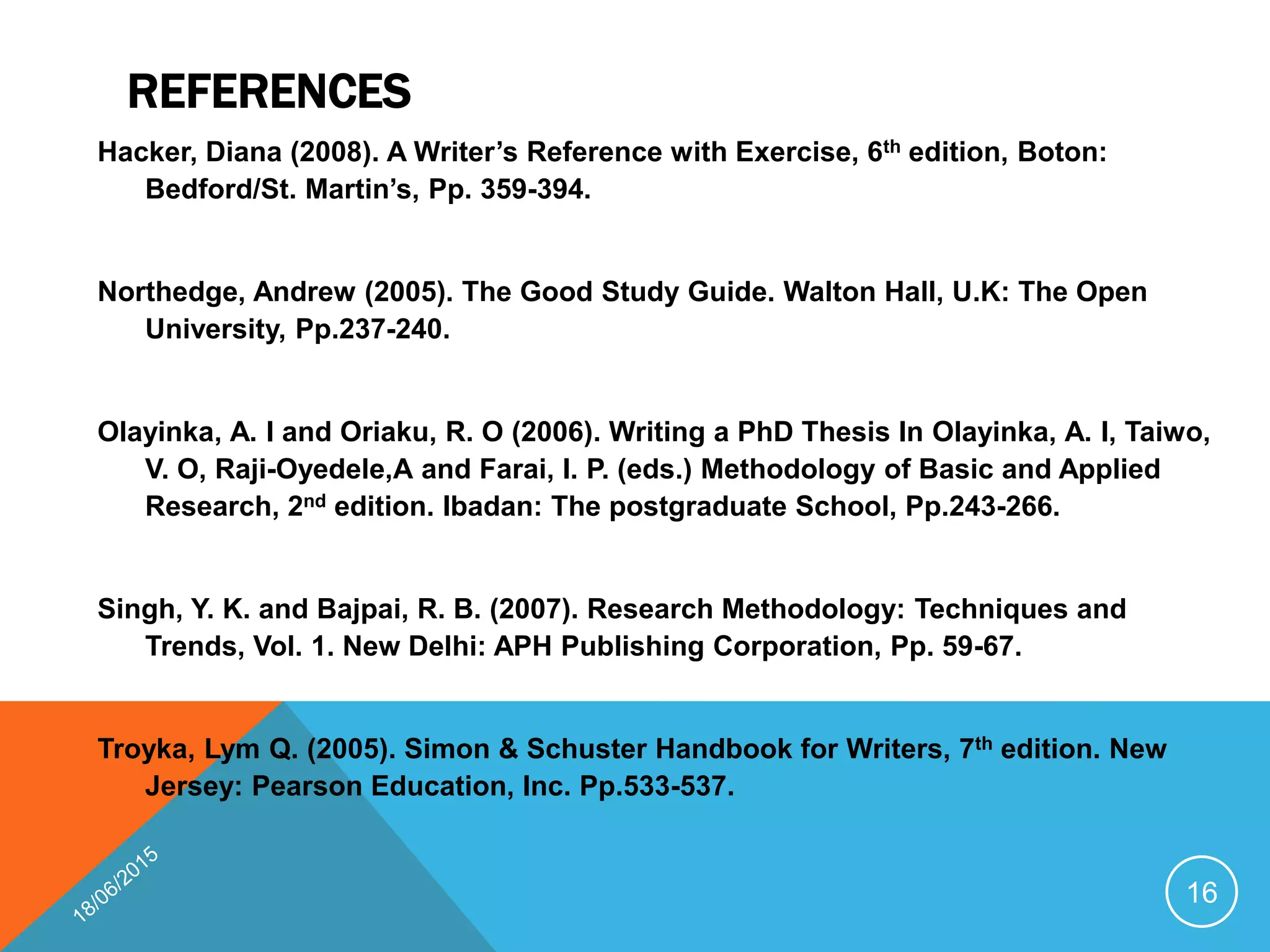 REFERENCES
Hacker, Diana (2008). A Writer’s Reference with Exercise, 6th edition, Boton:
Bedford/St. Martin’s, Pp. 359-394.
Northedge, Andrew (2005). The Good Study Guide. Walton Hall, U.K: The Open
University, Pp.237-240.
Olayinka, A. I and Oriaku, R. O (2006). Writing a PhD Thesis In Olayinka, A. I, Taiwo,
V. O, Raji-Oyedele,A and Farai, I. P. (eds.) Methodology of Basic and Applied
Research, 2nd edition. Ibadan: The postgraduate School, Pp.243-266.
Singh, Y. K. and Bajpai, R. B. (2007). Research Methodology: Techniques and
Trends, Vol. 1. New Delhi: APH Publishing Corporation, Pp. 59-67.
Troyka, Lym Q. (2005). Simon & Schuster Handbook for Writers, 7th edition. New
Jersey: Pearson Education, Inc. Pp.533-537.
16
 