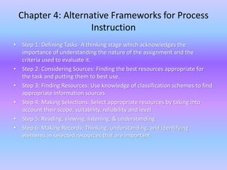 Chapter 4: Alternative Frameworks for Process 
Instruction 
• Step 1: Defining Tasks- A thinking stage which acknowledges the 
importance of understanding the nature of the assignment and the 
criteria used to evaluate it. 
• Step 2: Considering Sources: Finding the best resources appropriate for 
the task and putting them to best use. 
• Step 3: Finding Resources: Use knowledge of classification schemes to find 
appropriate information sources 
• Step 4: Making Selections: Select appropriate resources by taking into 
account their scope, suitability, reliability and level 
• Step 5: Reading, viewing, listening, & understanding 
• Step 6: Making Records: Thinking, understanding, and identifying 
elements in selected resources that are important 
 