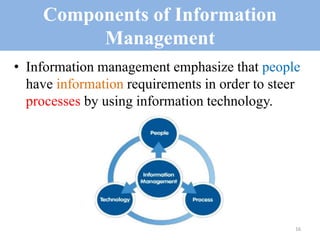 Components of Information
Management
• Information management emphasize that people
have information requirements in order to steer
processes by using information technology.
16
 