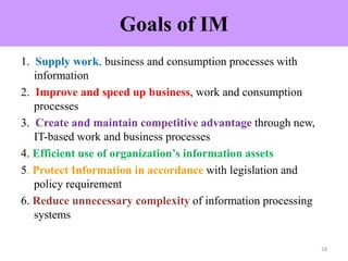 Goals of IM
1. Supply work, business and consumption processes with
information
2. Improve and speed up business, work and consumption
processes
3. Create and maintain competitive advantage through new,
IT-based work and business processes
4. Efficient use of organization’s information assets
5. Protect Information in accordance with legislation and
policy requirement
6. Reduce unnecessary complexity of information processing
systems
28
 
