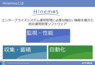 © 2019 NTT DATA INTELLILINK Corporation 4
Hinemosとは
エンタープライズシステム運用管理に必要な幅広い機能を備えた
統合運用管理ソフトウェア
自動化
監視・性能
収集・蓄積
 