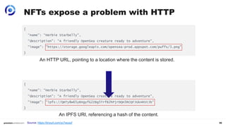 30
NFTs expose a problem with HTTP
{
“name": “Herbie Starbelly",
“description": “A friendly OpenSea creature ready to adventure",
"image": "https://storage.googleapis.com/opensea-prod.appspot.com/puffs/3.png"
}
{
“name": “Herbie Starbelly",
“description": “A friendly OpenSea creature ready to adventure",
"image": "ipfs://QmTy8w65yBXgyfG2ZBg5TrfB2hPjrDQH3RCQFJGkARStJb"
}
An HTTP URL, pointing to a location where the content is stored.
An IPFS URI, referencing a hash of the content.
`
Source: https://tinyurl.com/yc7wuszf
 