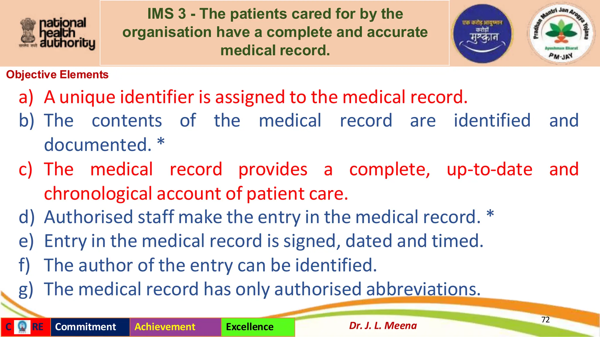 IMS 3 - The patients cared for by the
organisation have a complete and accurate
medical record.
Objective Elements
a) A unique identifier is assigned to the medical record.
b) The contents of the medical record are identified and
documented. *
c) The medical record provides a complete, up-to-date and
chronological account of patient care.
d) Authorised staff make the entry in the medical record. *
e) Entry in the medical record is signed, dated and timed.
f) The author of the entry can be identified.
g) The medical record has only authorised abbreviations.
72
Dr. J. L. Meena
C RE Commitment Achievement Excellence
 