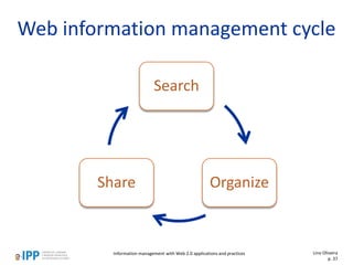 Search
OrganizeShare
Web information management cycle
Lino Oliveira
p. 37
Information management with Web 2.0 applications and practices
 