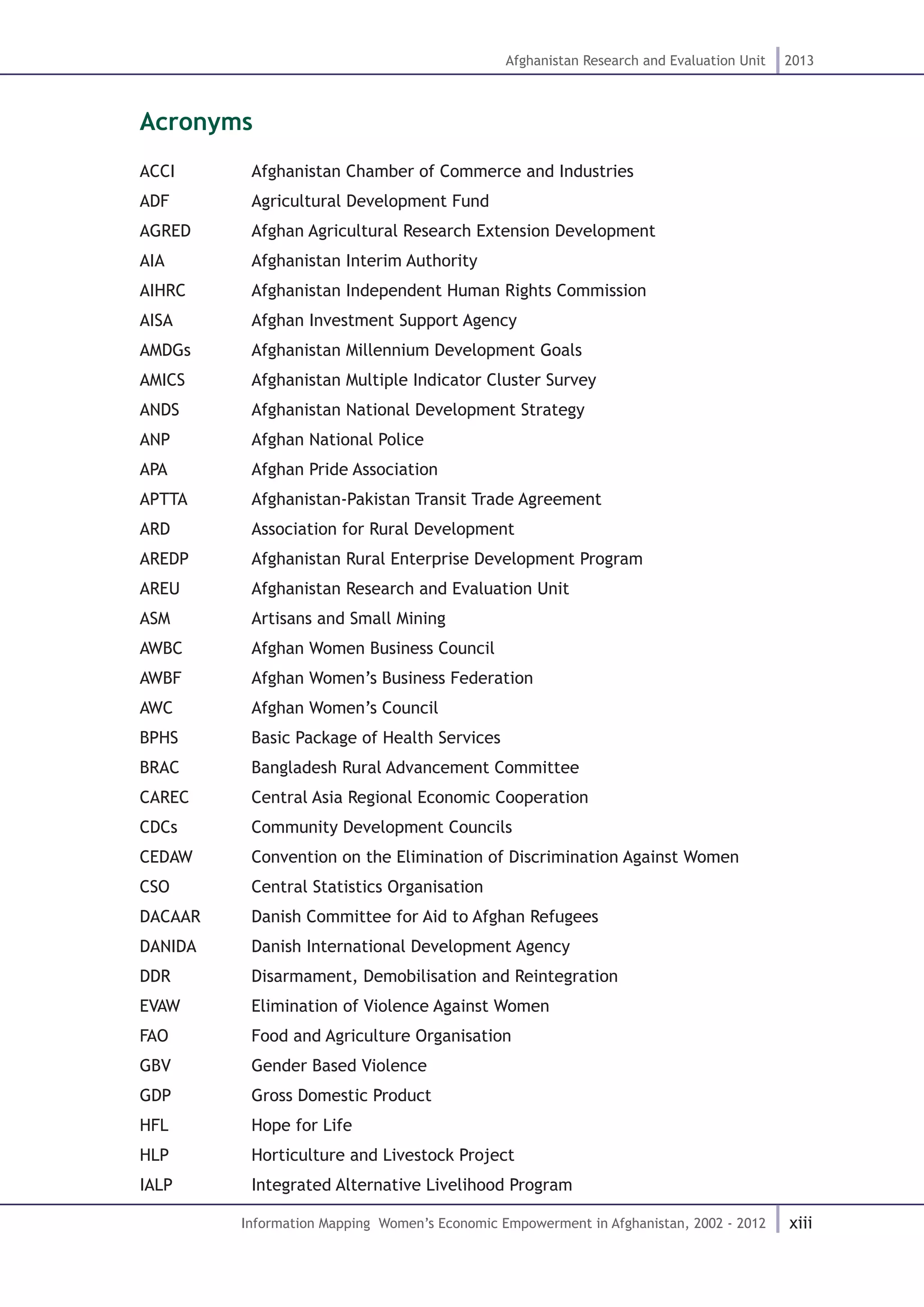 xiii
Afghanistan Research and Evaluation Unit 2013
Information Mapping Women’s Economic Empowerment in Afghanistan, 2002 - 2012
Acronyms
ACCI		 Afghanistan Chamber of Commerce and Industries
ADF		 Agricultural Development Fund
AGRED		 Afghan Agricultural Research Extension Development
AIA		 Afghanistan Interim Authority
AIHRC		 Afghanistan Independent Human Rights Commission
AISA		 Afghan Investment Support Agency
AMDGs		 Afghanistan Millennium Development Goals
AMICS		 Afghanistan Multiple Indicator Cluster Survey
ANDS		 Afghanistan National Development Strategy
ANP		 Afghan National Police
APA		 Afghan Pride Association
APTTA		 Afghanistan-Pakistan Transit Trade Agreement
ARD		 Association for Rural Development
AREDP		 Afghanistan Rural Enterprise Development Program
AREU		 Afghanistan Research and Evaluation Unit
ASM		 Artisans and Small Mining
AWBC		 Afghan Women Business Council
AWBF		 Afghan Women’s Business Federation
AWC		 Afghan Women’s Council
BPHS		 Basic Package of Health Services
BRAC		 Bangladesh Rural Advancement Committee		
CAREC		 Central Asia Regional Economic Cooperation
CDCs		 Community Development Councils
CEDAW		 Convention on the Elimination of Discrimination Against Women
CSO		 Central Statistics Organisation
DACAAR	 Danish Committee for Aid to Afghan Refugees
DANIDA	 Danish International Development Agency
DDR		 Disarmament, Demobilisation and Reintegration
EVAW		 Elimination of Violence Against Women
FAO		 Food and Agriculture Organisation
GBV		 Gender Based Violence
GDP		 Gross Domestic Product		
HFL		 Hope for Life
HLP		 Horticulture and Livestock Project
IALP		 Integrated Alternative Livelihood Program
 