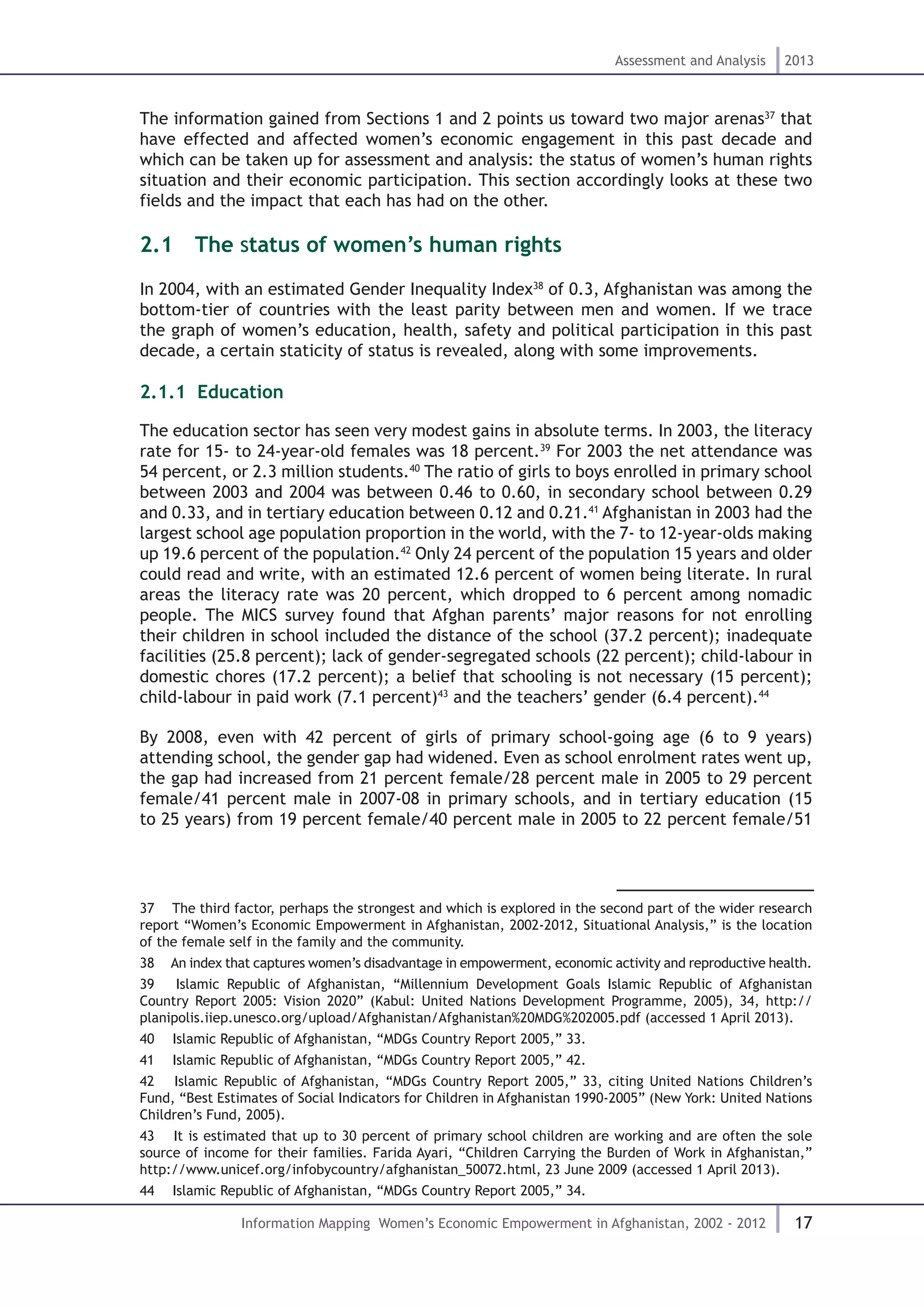 17
Assessment and Analysis 2013
Information Mapping Women’s Economic Empowerment in Afghanistan, 2002 - 2012
The information gained from Sections 1 and 2 points us toward two major arenas37
that
have effected and affected women’s economic engagement in this past decade and
which can be taken up for assessment and analysis: the status of women’s human rights
situation and their economic participation. This section accordingly looks at these two
fields and the impact that each has had on the other.
2.1  The status of women’s human rights
In 2004, with an estimated Gender Inequality Index38
of 0.3, Afghanistan was among the
bottom-tier of countries with the least parity between men and women. If we trace
the graph of women’s education, health, safety and political participation in this past
decade, a certain staticity of status is revealed, along with some improvements.
2.1.1 Education
The education sector has seen very modest gains in absolute terms. In 2003, the literacy
rate for 15- to 24-year-old females was 18 percent.39
For 2003 the net attendance was
54 percent, or 2.3 million students.40
The ratio of girls to boys enrolled in primary school
between 2003 and 2004 was between 0.46 to 0.60, in secondary school between 0.29
and 0.33, and in tertiary education between 0.12 and 0.21.41
Afghanistan in 2003 had the
largest school age population proportion in the world, with the 7- to 12-year-olds making
up 19.6 percent of the population.42
Only 24 percent of the population 15 years and older
could read and write, with an estimated 12.6 percent of women being literate. In rural
areas the literacy rate was 20 percent, which dropped to 6 percent among nomadic
people. The MICS survey found that Afghan parents’ major reasons for not enrolling
their children in school included the distance of the school (37.2 percent); inadequate
facilities (25.8 percent); lack of gender-segregated schools (22 percent); child-labour in
domestic chores (17.2 percent); a belief that schooling is not necessary (15 percent);
child-labour in paid work (7.1 percent)43
and the teachers’ gender (6.4 percent).44
By 2008, even with 42 percent of girls of primary school-going age (6 to 9 years)
attending school, the gender gap had widened. Even as school enrolment rates went up,
the gap had increased from 21 percent female/28 percent male in 2005 to 29 percent
female/41 percent male in 2007-08 in primary schools, and in tertiary education (15
to 25 years) from 19 percent female/40 percent male in 2005 to 22 percent female/51
37  The third factor, perhaps the strongest and which is explored in the second part of the wider research
report “Women’s Economic Empowerment in Afghanistan, 2002-2012, Situational Analysis,” is the location
of the female self in the family and the community.
38  An index that captures women’s disadvantage in empowerment, economic activity and reproductive health.
39  Islamic Republic of Afghanistan, “Millennium Development Goals Islamic Republic of Afghanistan
Country Report 2005: Vision 2020” (Kabul: United Nations Development Programme, 2005), 34, http://
planipolis.iiep.unesco.org/upload/Afghanistan/Afghanistan%20MDG%202005.pdf (accessed 1 April 2013).
40  Islamic Republic of Afghanistan, “MDGs Country Report 2005,” 33.
41  Islamic Republic of Afghanistan, “MDGs Country Report 2005,” 42.
42  Islamic Republic of Afghanistan, “MDGs Country Report 2005,” 33, citing United Nations Children’s
Fund, “Best Estimates of Social Indicators for Children in Afghanistan 1990-2005” (New York: United Nations
Children’s Fund, 2005).
43  It is estimated that up to 30 percent of primary school children are working and are often the sole
source of income for their families. Farida Ayari, “Children Carrying the Burden of Work in Afghanistan,”
http://www.unicef.org/infobycountry/afghanistan_50072.html, 23 June 2009 (accessed 1 April 2013).
44  Islamic Republic of Afghanistan, “MDGs Country Report 2005,” 34.
 