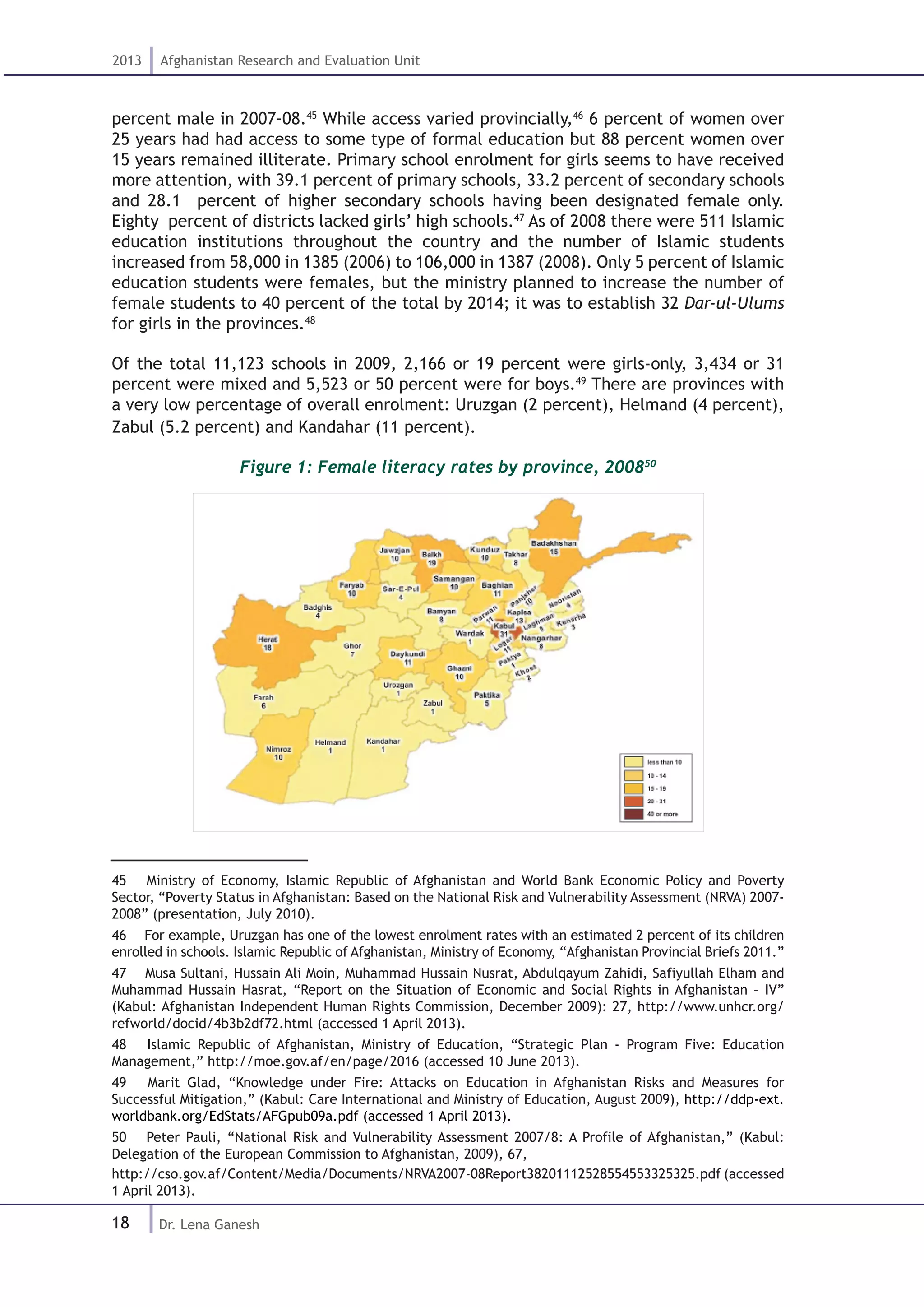 18
2013 Afghanistan Research and Evaluation Unit
Dr. Lena Ganesh
percent male in 2007-08.45
While access varied provincially,46
6 percent of women over
25 years had had access to some type of formal education but 88 percent women over
15 years remained illiterate. Primary school enrolment for girls seems to have received
more attention, with 39.1 percent of primary schools, 33.2 percent of secondary schools
and 28.1 percent of higher secondary schools having been designated female only.
Eighty percent of districts lacked girls’ high schools.47
As of 2008 there were 511 Islamic
education institutions throughout the country and the number of Islamic students
increased from 58,000 in 1385 (2006) to 106,000 in 1387 (2008). Only 5 percent of Islamic
education students were females, but the ministry planned to increase the number of
female students to 40 percent of the total by 2014; it was to establish 32 Dar-ul-Ulums
for girls in the provinces.48
Of the total 11,123 schools in 2009, 2,166 or 19 percent were girls-only, 3,434 or 31
percent were mixed and 5,523 or 50 percent were for boys.49
There are provinces with
a very low percentage of overall enrolment: Uruzgan (2 percent), Helmand (4 percent),
Zabul (5.2 percent) and Kandahar (11 percent).
Figure 1: Female literacy rates by province, 200850
45  Ministry of Economy, Islamic Republic of Afghanistan and World Bank Economic Policy and Poverty
Sector, “Poverty Status in Afghanistan: Based on the National Risk and Vulnerability Assessment (NRVA) 2007-
2008” (presentation, July 2010).
46  For example, Uruzgan has one of the lowest enrolment rates with an estimated 2 percent of its children
enrolled in schools. Islamic Republic of Afghanistan, Ministry of Economy, “Afghanistan Provincial Briefs 2011.”
47  Musa Sultani, Hussain Ali Moin, Muhammad Hussain Nusrat, Abdulqayum Zahidi, Safiyullah Elham and
Muhammad Hussain Hasrat, “Report on the Situation of Economic and Social Rights in Afghanistan – IV”
(Kabul: Afghanistan Independent Human Rights Commission, December 2009): 27, http://www.unhcr.org/
refworld/docid/4b3b2df72.html (accessed 1 April 2013).
48  Islamic Republic of Afghanistan, Ministry of Education, “Strategic Plan - Program Five: Education
Management,” http://moe.gov.af/en/page/2016 (accessed 10 June 2013).
49  Marit Glad, “Knowledge under Fire: Attacks on Education in Afghanistan Risks and Measures for
Successful Mitigation,” (Kabul: Care International and Ministry of Education, August 2009), http://ddp-ext.
worldbank.org/EdStats/AFGpub09a.pdf (accessed 1 April 2013).
50  Peter Pauli, “National Risk and Vulnerability Assessment 2007/8: A Profile of Afghanistan,” (Kabul:
Delegation of the European Commission to Afghanistan, 2009), 67,
http://cso.gov.af/Content/Media/Documents/NRVA2007-08Report38201112528554553325325.pdf (accessed
1 April 2013).
 