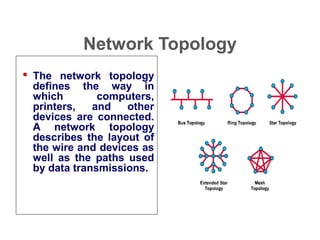 Network Topology
 The network topology
defines the way in
which computers,
printers, and other
devices are connected.
A network topology
describes the layout of
the wire and devices as
well as the paths used
by data transmissions.
Introduction to Computer Networks
 