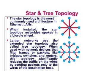 Star & Tree Topology
Introduction to Computer Networks
 The star topology is the most
commonly used architecture in
Ethernet LANs.
 When installed, the star
topology resembles spokes in
a bicycle wheel.
 Larger networks use the
extended star topology also
called tree topology. When
used with network devices that
filter frames or packets, like
bridges, switches, and routers,
this topology significantly
reduces the traffic on the wires
by sending packets only to the
wires of the destination host.
 
